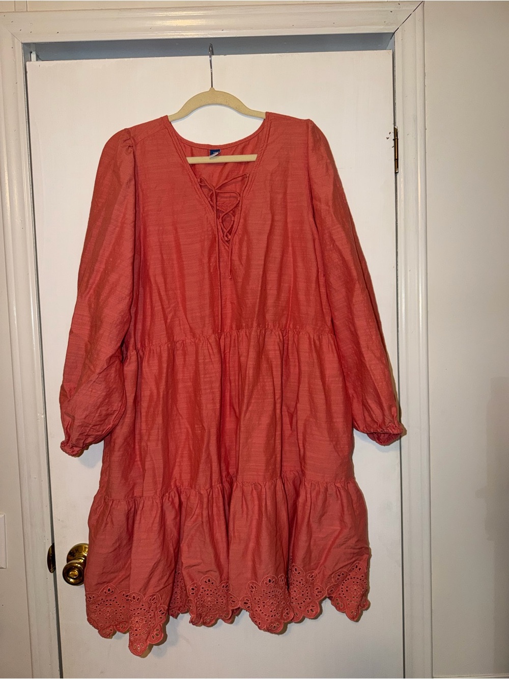 Old Navy Coral Lace-Up Tiered Long Sleeve Dress